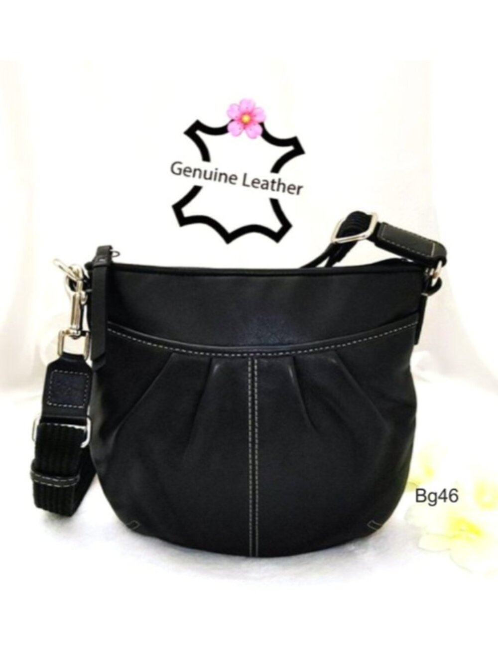 Genuine Leather Black Small Purse Shoulder Crossbody Bag Pleated White Stitched